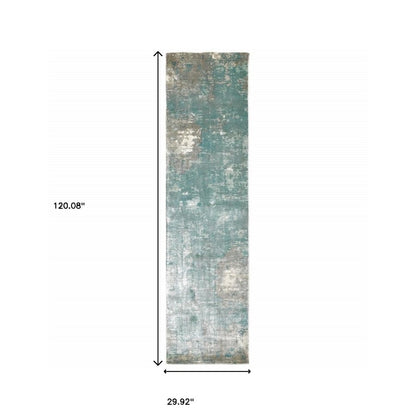 9' X 12' Blue And Gray Abstract Hand Loomed Distressed Area Rug