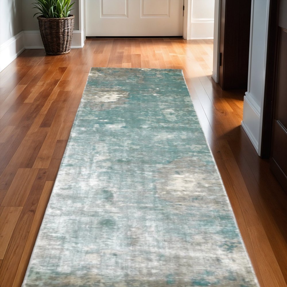 8' X 10' Blue And Gray Abstract Hand Loomed Distressed Area Rug