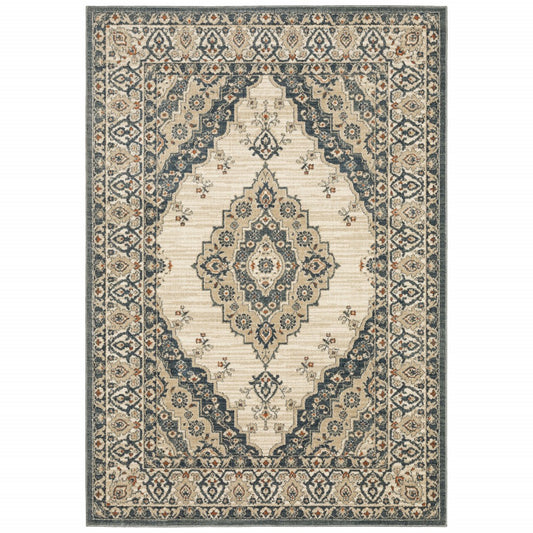 10' X 13' Vintage Beige And Blue Indoor Area Rug