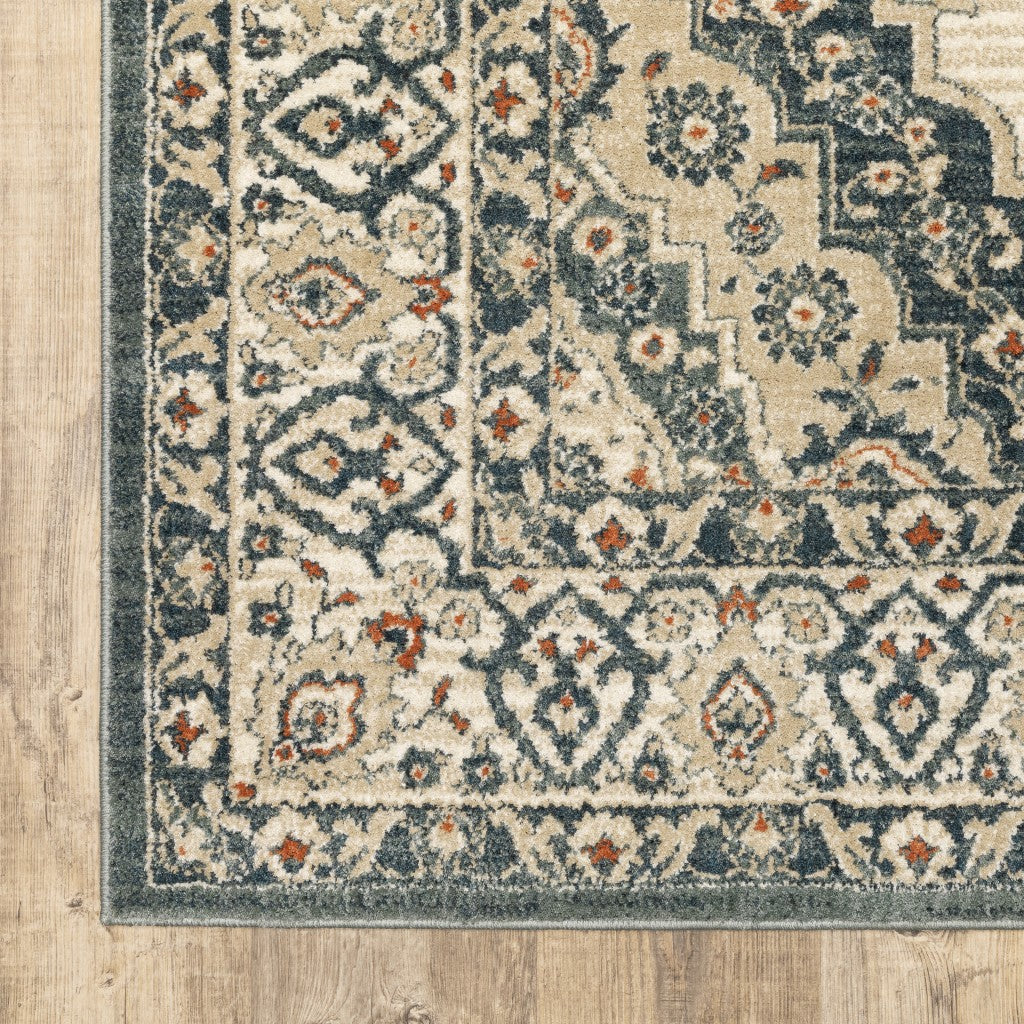 10' X 13' Vintage Beige And Blue Indoor Area Rug