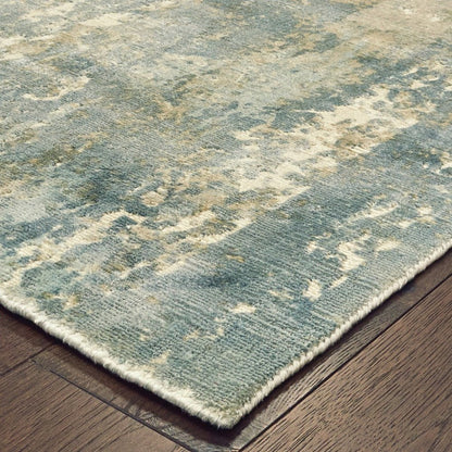10' X 14' Blue And Gray Abstract Hand Loomed Distressed Area Rug