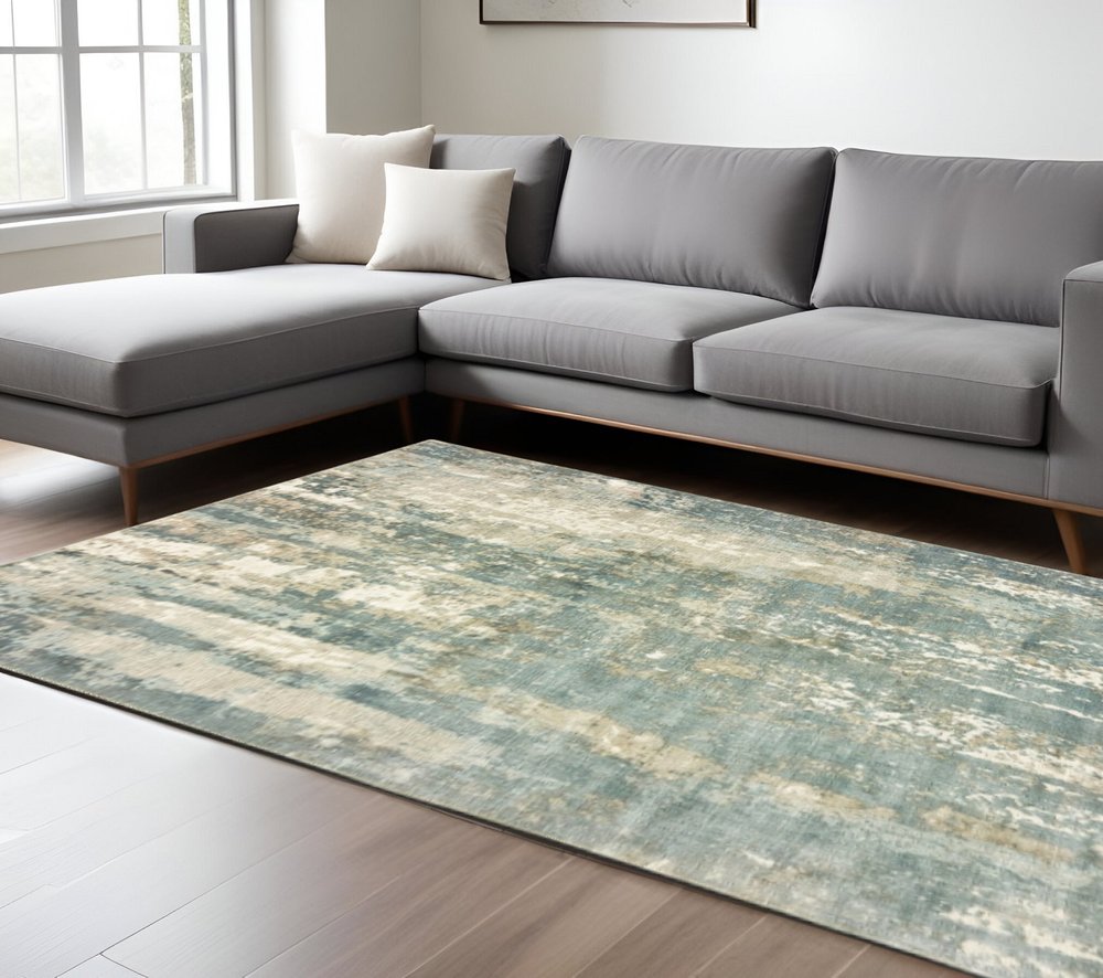 10' X 14' Blue And Gray Abstract Hand Loomed Distressed Area Rug