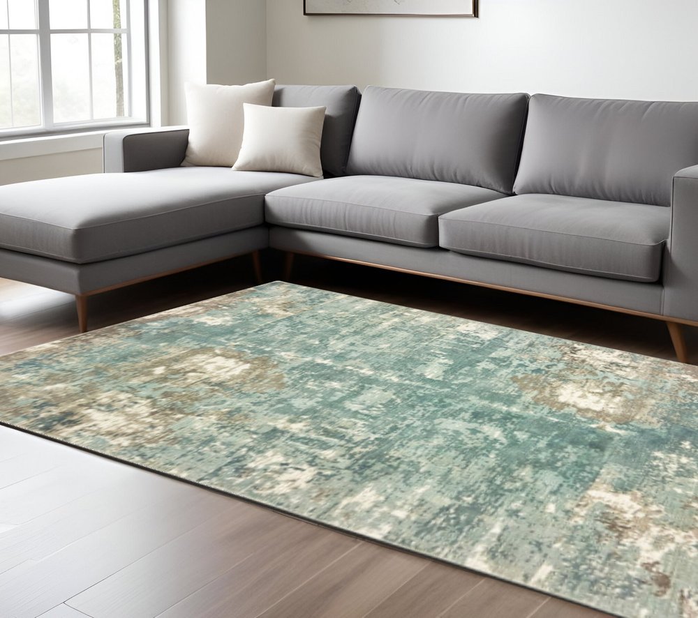8' X 10' Blue And Gray Abstract Hand Loomed Distressed Area Rug