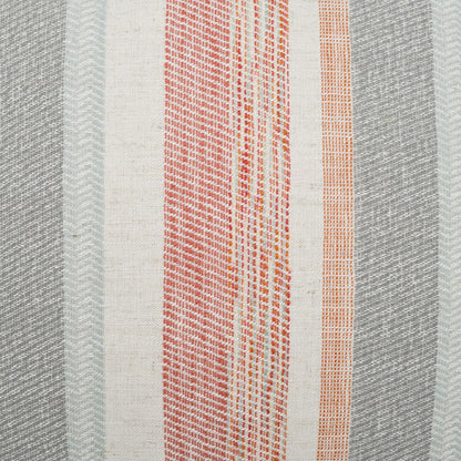 Woven striped pillow featuring gray, cream, red plaid and orange accent stripes.