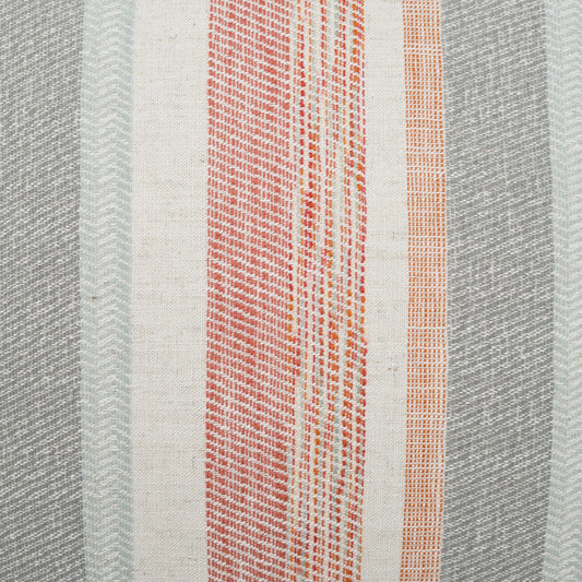 Woven striped fabric with vertical bands in grey, pale blue, beige and orange-red.
