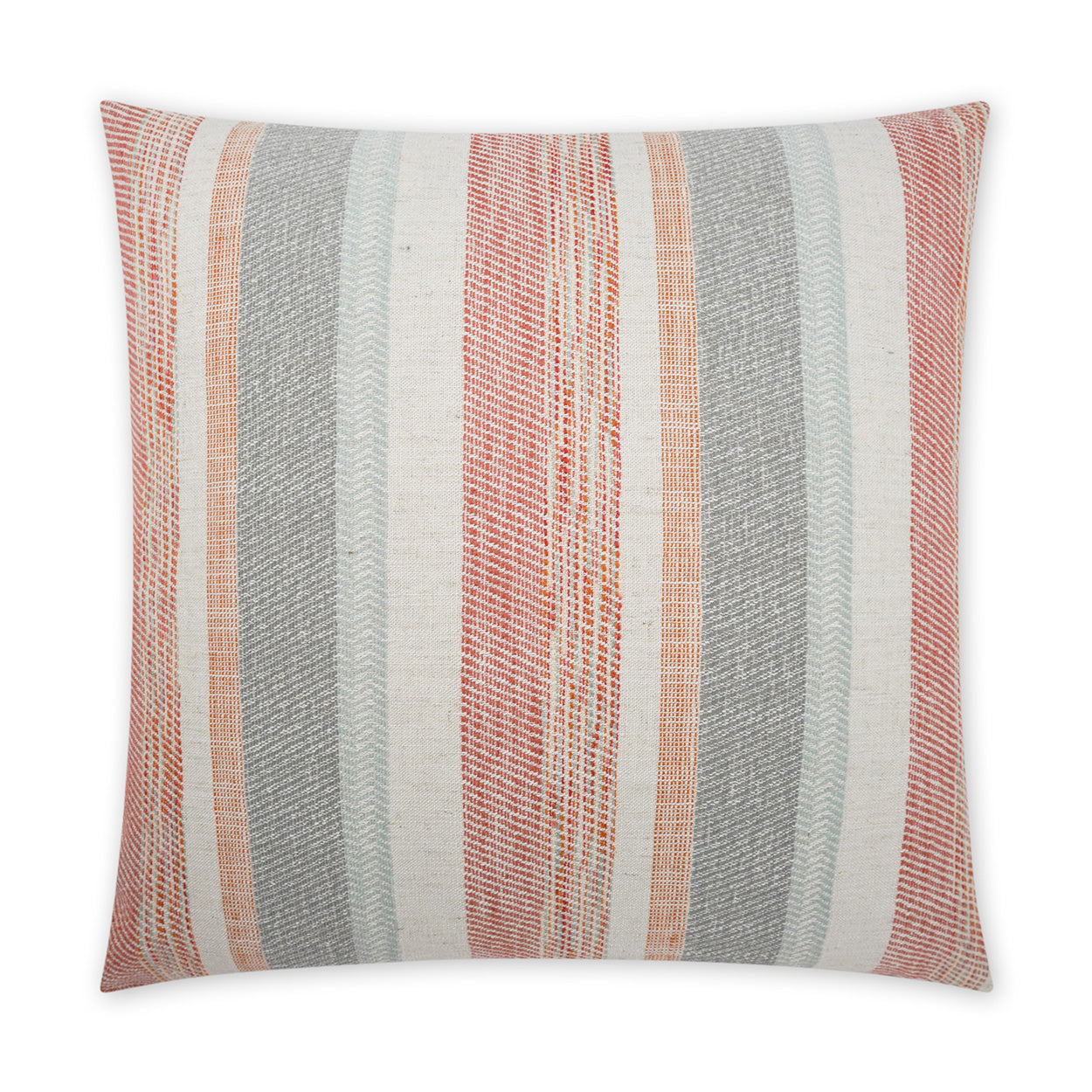 Rectangular decorative throw pillow with vertical striped pattern in coral, beige, gray-blue and ivory; woven texture.