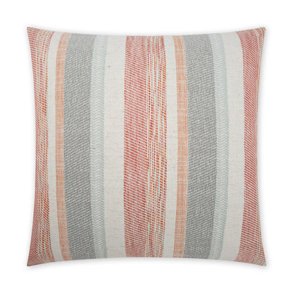 Rectangular decorative throw pillow with vertical striped pattern in coral, beige, gray-blue and ivory; woven texture.