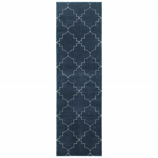 2' X 8' Blue And Ivory Trellis Indoor Runner Rug