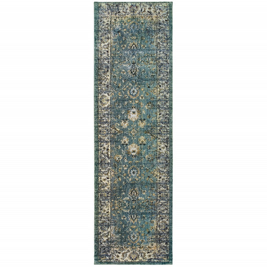 10’ X 13’ Peacock Blue And Ivory Indoor Area Rug