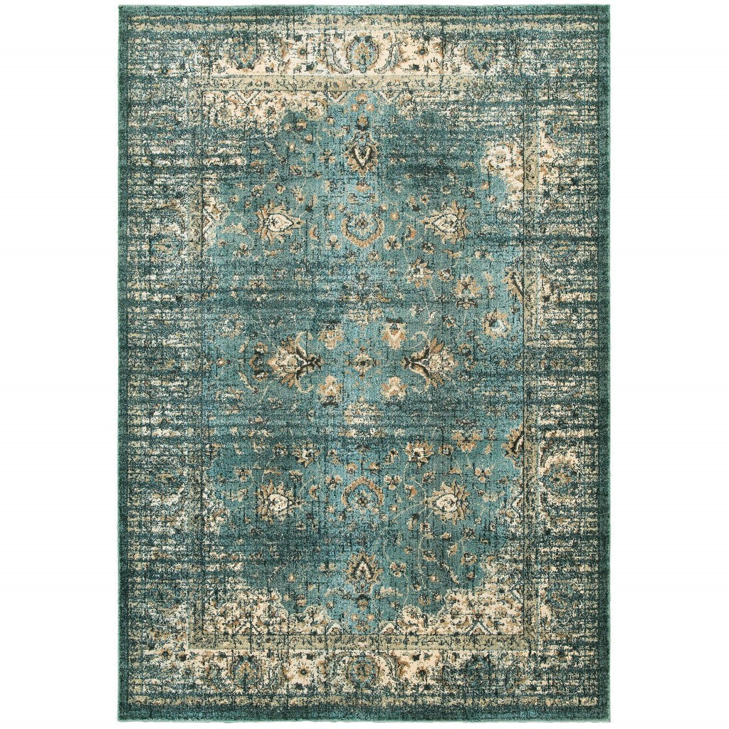 5' X 8' Peacock Blue And Ivory Indoor Area Rug