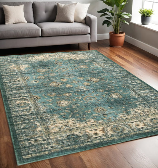 10' X 13' Blue And Ivory Medallion Distressed Area Rug