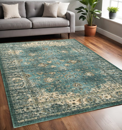 10' X 13' Blue And Ivory Medallion Distressed Area Rug