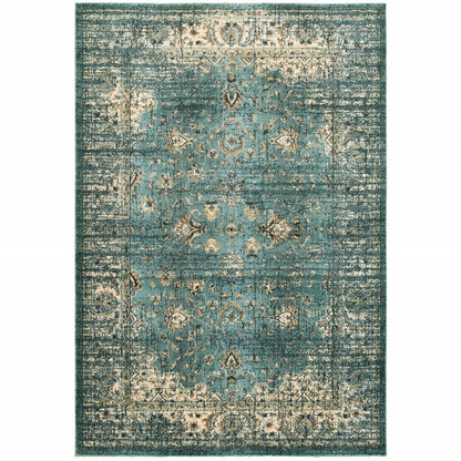 10' X 13' Blue And Ivory Medallion Distressed Area Rug