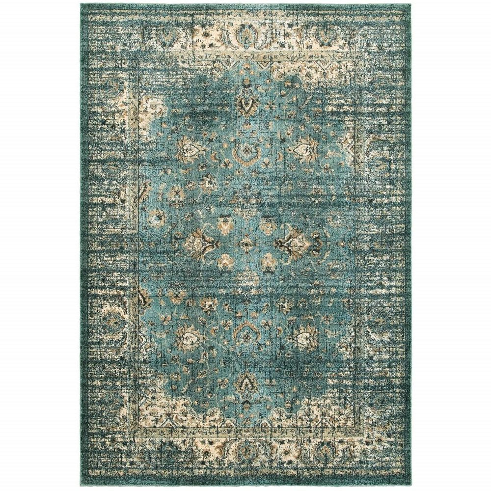 10' X 13' Blue And Ivory Medallion Distressed Area Rug