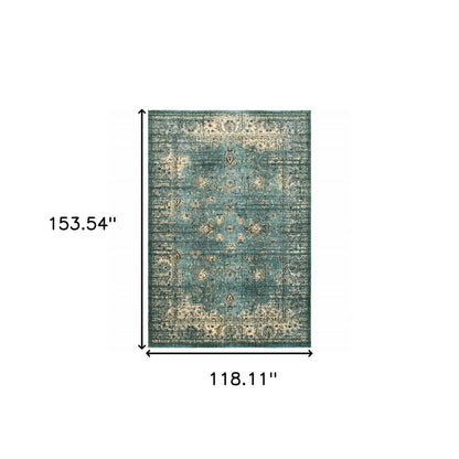 10' X 13' Blue And Ivory Medallion Distressed Area Rug