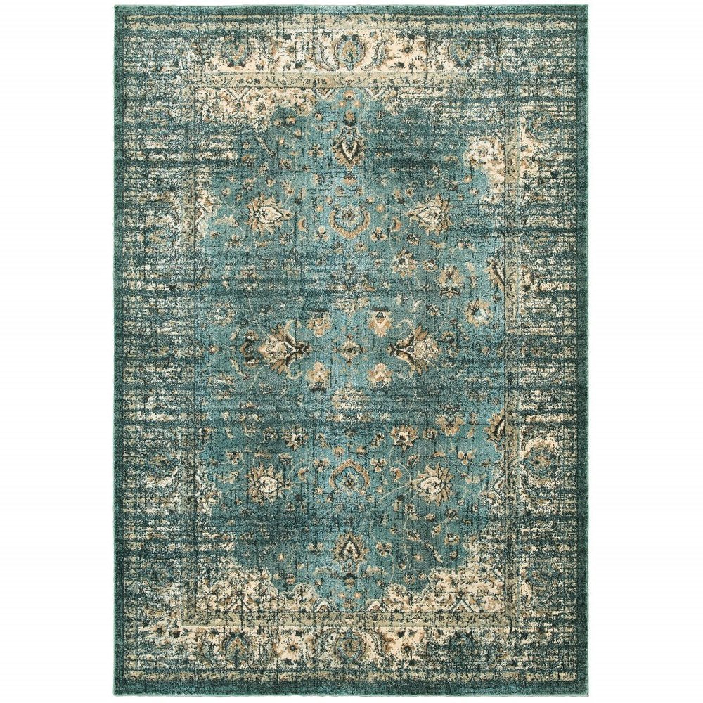 10' X 13' Blue And Ivory Medallion Distressed Area Rug