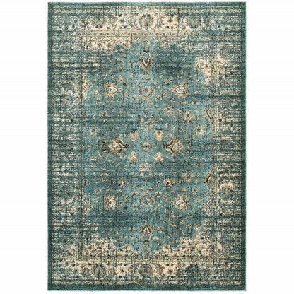 10' X 13' Blue And Ivory Medallion Distressed Area Rug