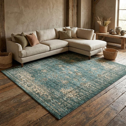 10' X 13' Blue And Ivory Medallion Distressed Area Rug
