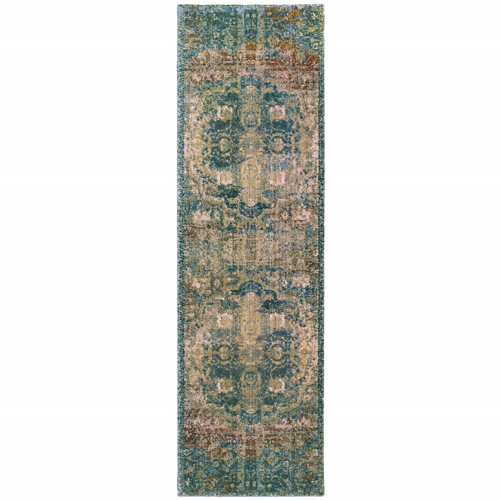 5' X 8' Sand And Blue Distressed Indoor Area Rug