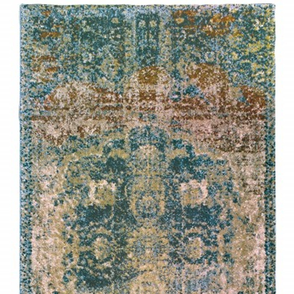 5' X 8' Sand And Blue Distressed Indoor Area Rug