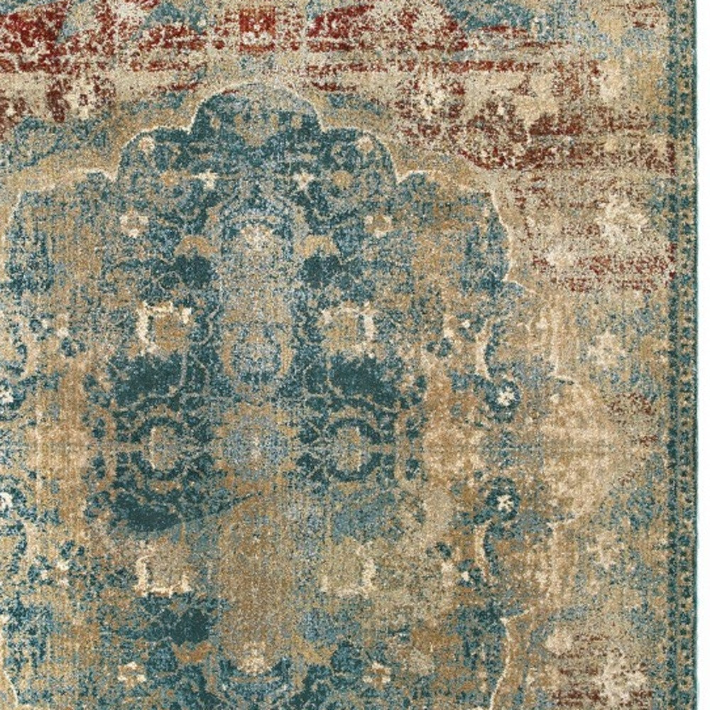 5' X 8' Sand And Blue Distressed Indoor Area Rug