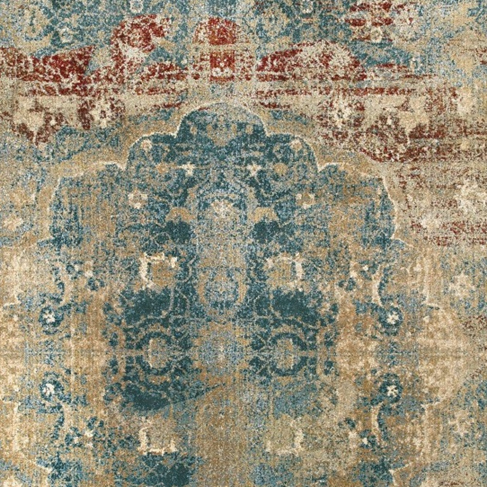 5' X 8' Sand And Blue Distressed Indoor Area Rug