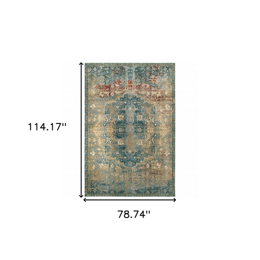 4' X 6' Sand And Blue Distressed Indoor Area Rug