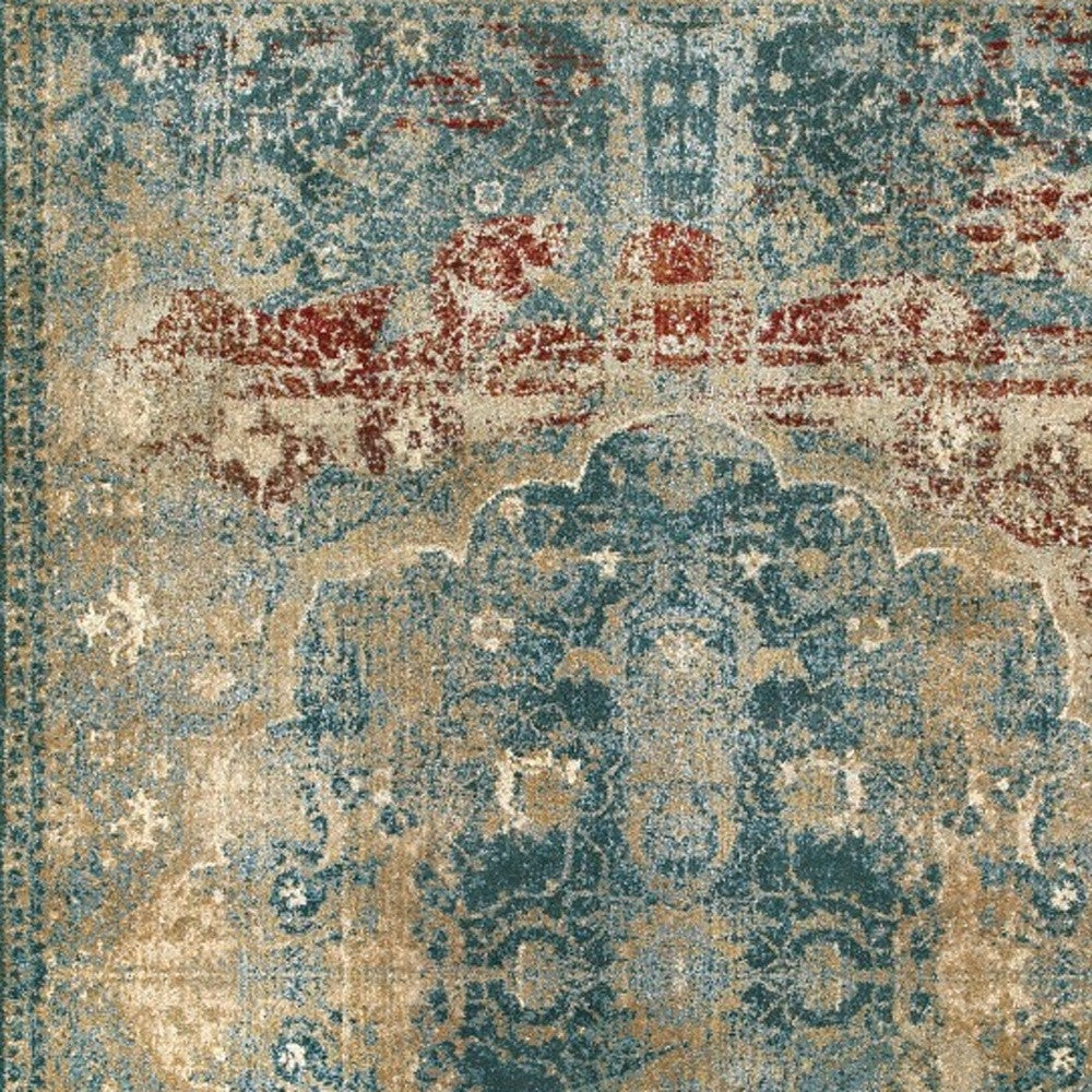 5' X 8' Sand And Blue Distressed Indoor Area Rug