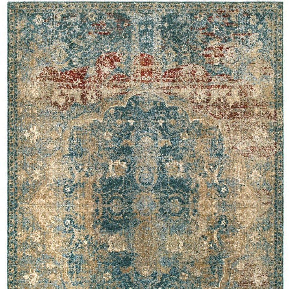 5' X 8' Sand And Blue Distressed Indoor Area Rug