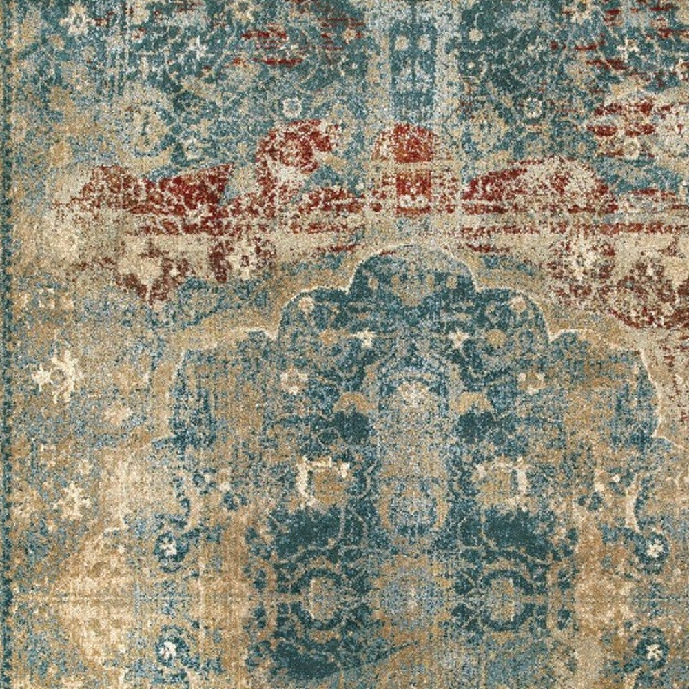 5' X 8' Sand And Blue Distressed Indoor Area Rug