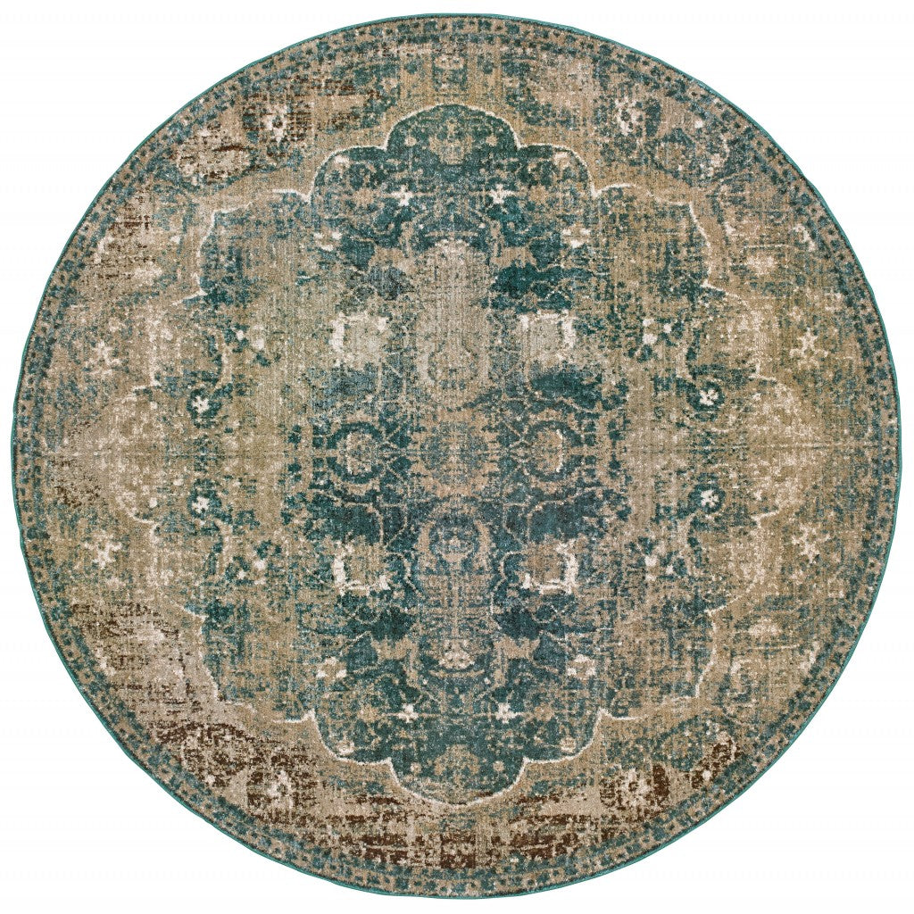 5' X 8' Sand And Blue Distressed Indoor Area Rug