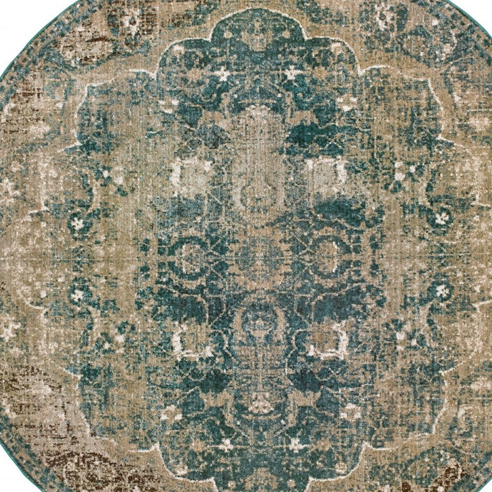 5' X 8' Sand And Blue Distressed Indoor Area Rug