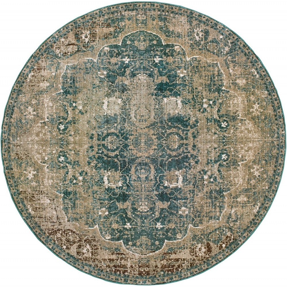 5' X 8' Sand And Blue Distressed Indoor Area Rug