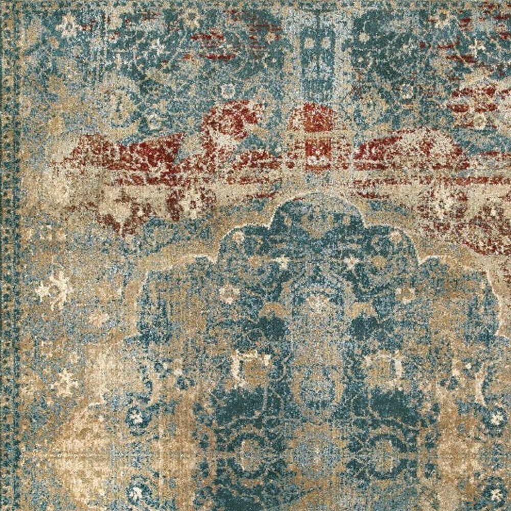 5' X 8' Sand And Blue Distressed Indoor Area Rug