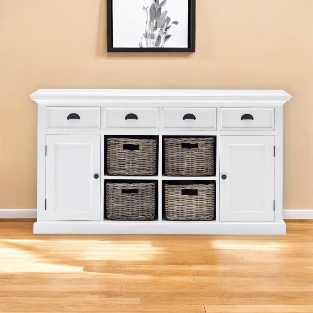 63" White Solid Wood Four Drawer Sideboard with Two Doors