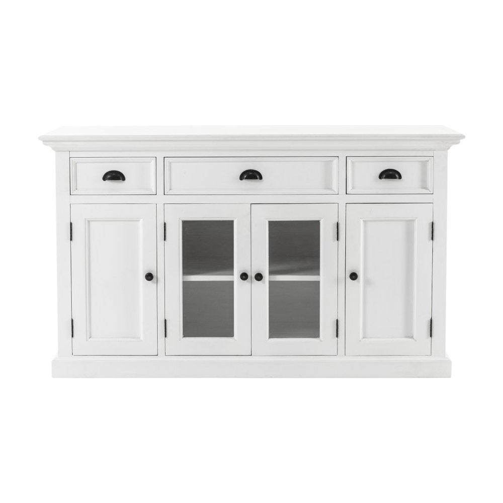 57" White Solid Wood Three Drawer Sideboard with Four Glass Doors