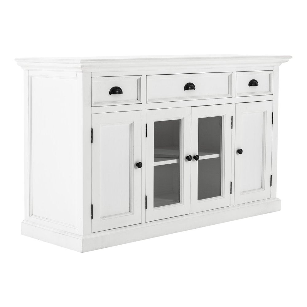 57" White Solid Wood Three Drawer Sideboard with Four Glass Doors