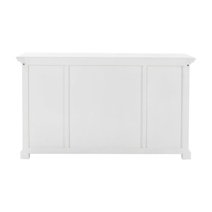 57" White Solid Wood Three Drawer Sideboard with Four Glass Doors