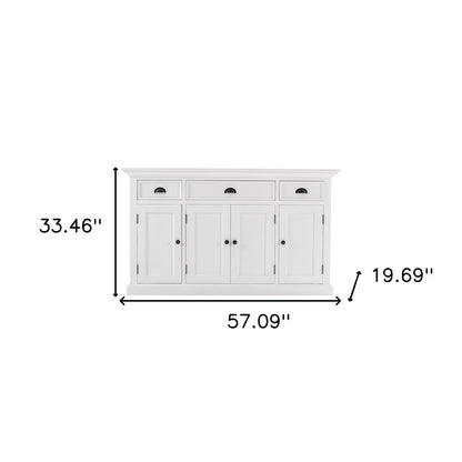 57" White Solid Wood Three Drawer Sideboard