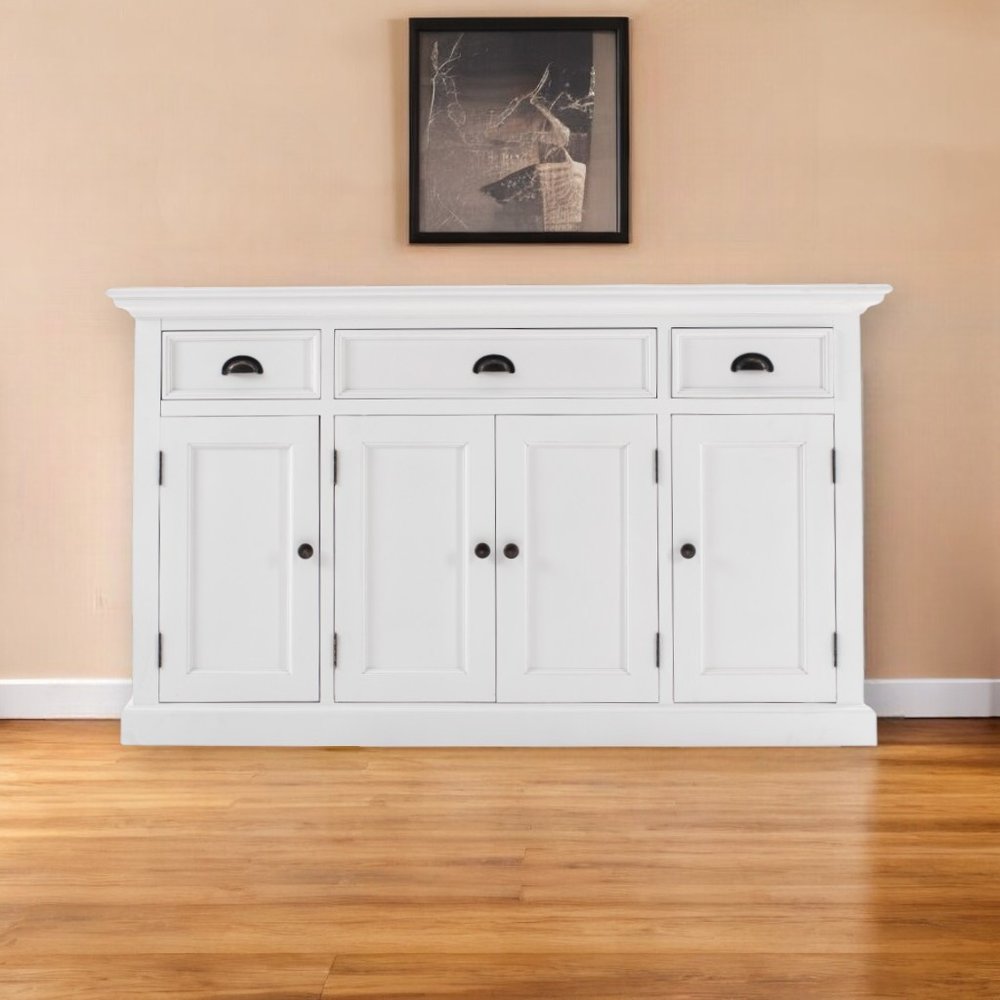 57" White Solid Wood Three Drawer Sideboard