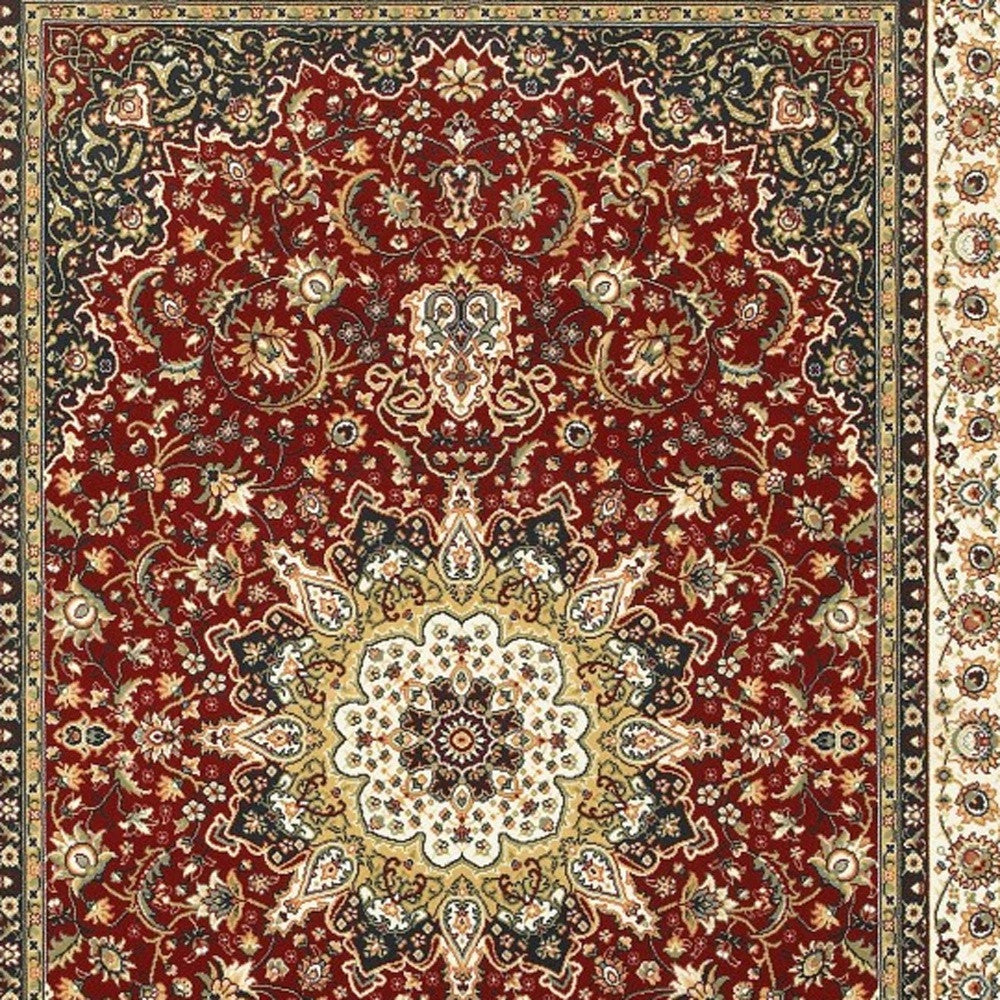 7' X 10' Red Ivory Machine Woven Oriental Indoor Area Rug