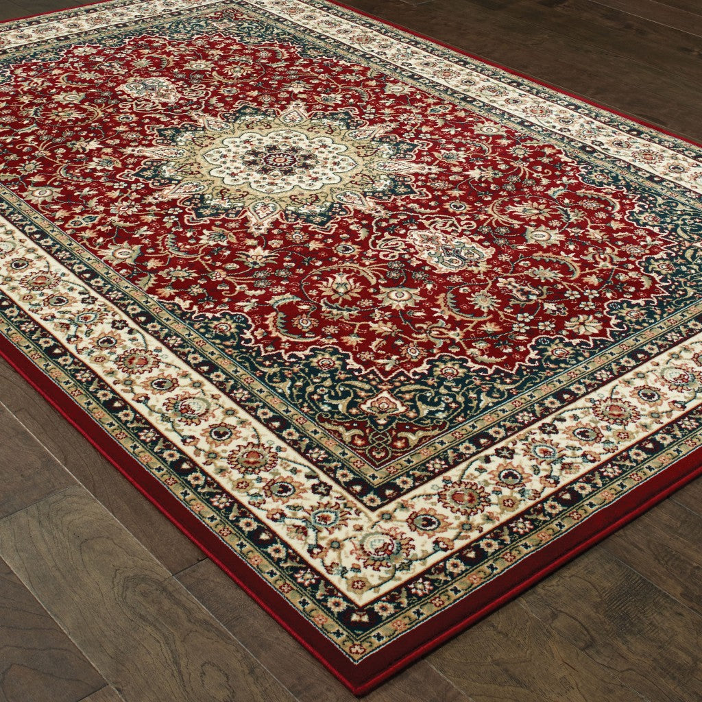 7' X 10' Red Ivory Machine Woven Oriental Indoor Area Rug