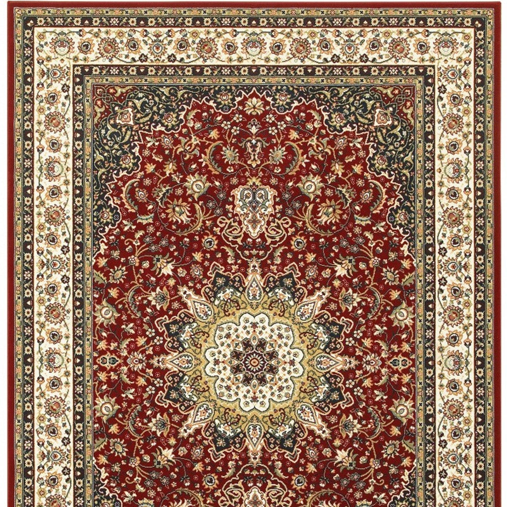 7' X 10' Red Ivory Machine Woven Oriental Indoor Area Rug