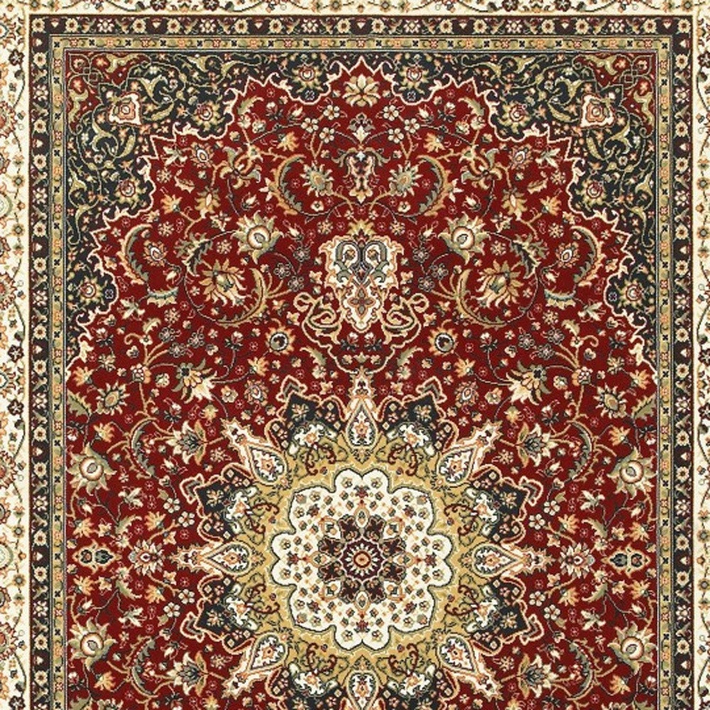 7' X 10' Red Ivory Machine Woven Oriental Indoor Area Rug