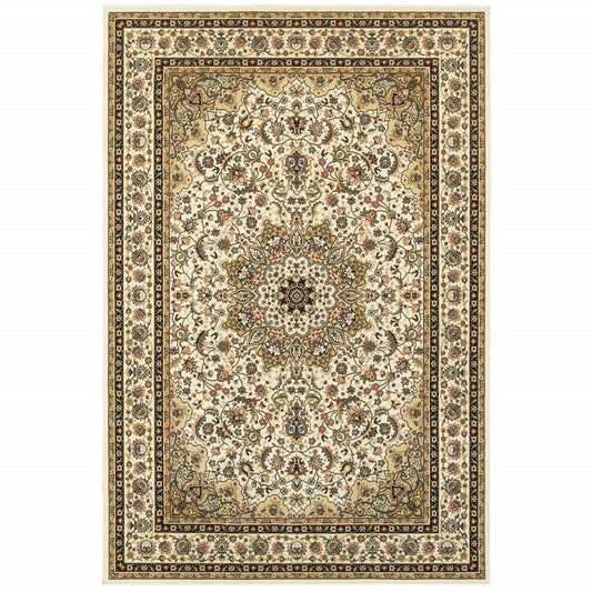 5' X 8' Ivory Beige Machine Woven Oriental Indoor Area Rug