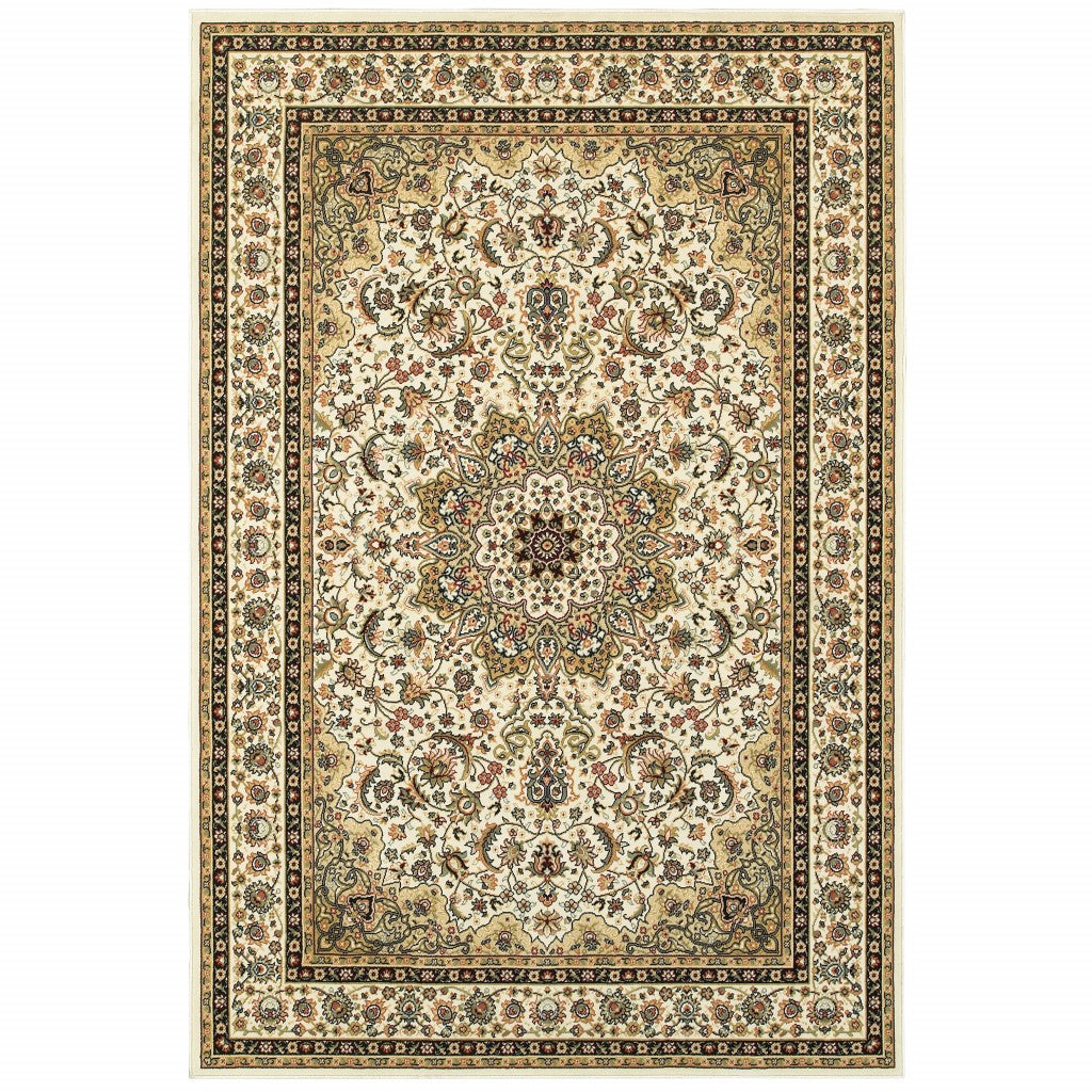 5' X 8' Ivory Beige Machine Woven Oriental Indoor Area Rug