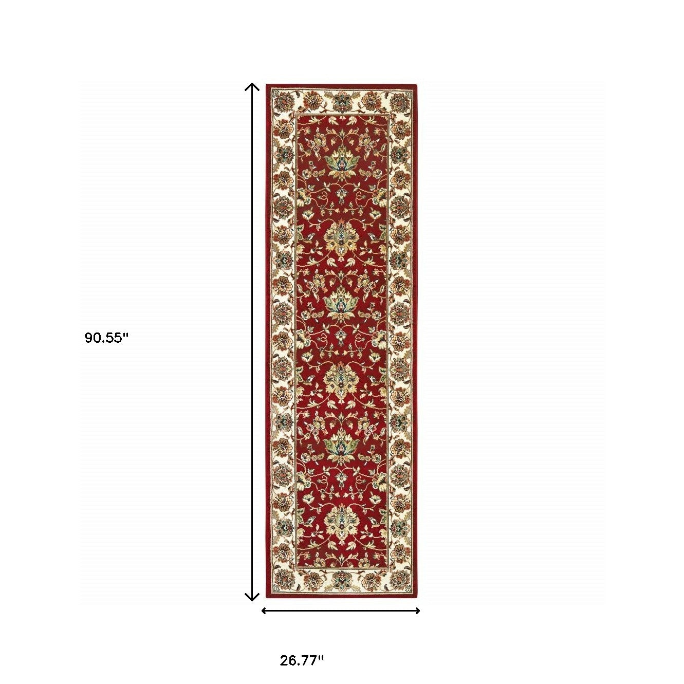 8' Red Ivory Machine Woven Floral Oriental Indoor Runner Rug