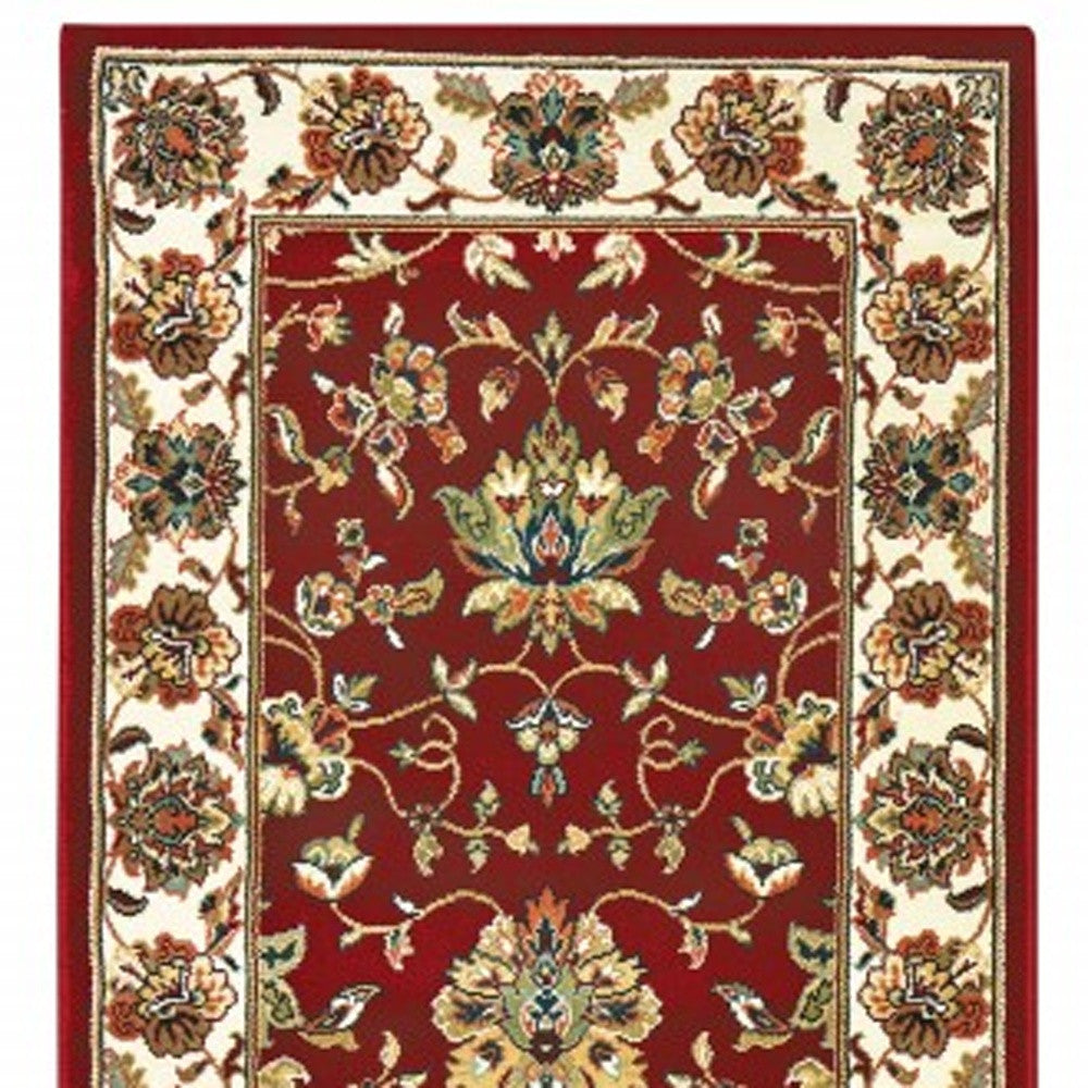 8' Red Ivory Machine Woven Floral Oriental Indoor Runner Rug