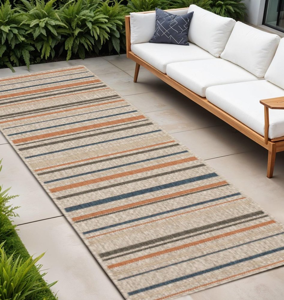 10' X 13' Blue And Gray Striped Indoor Outdoor Area Rug