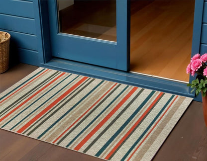 10' X 13' Blue And Gray Striped Indoor Outdoor Area Rug